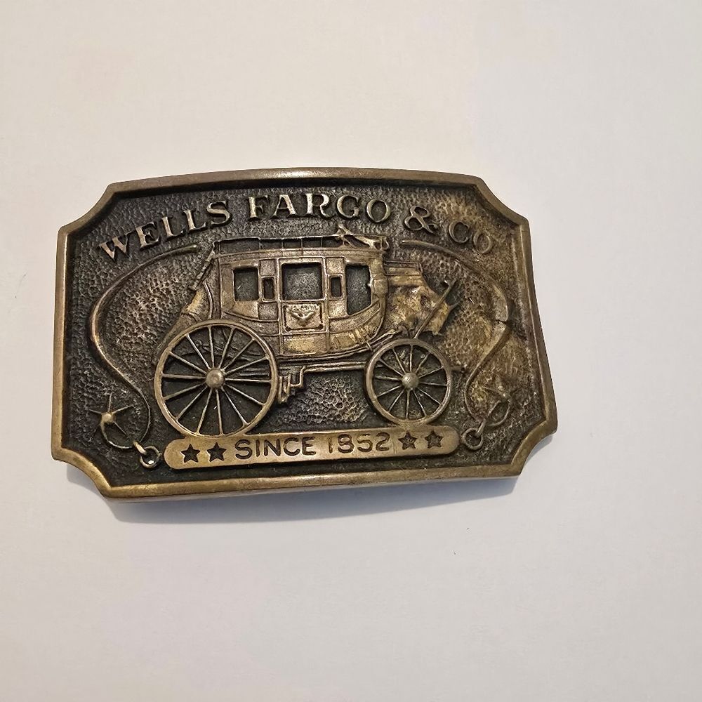 Vintage Wells Fargo & Co.Brass Belt Buckle, likely from 1972.